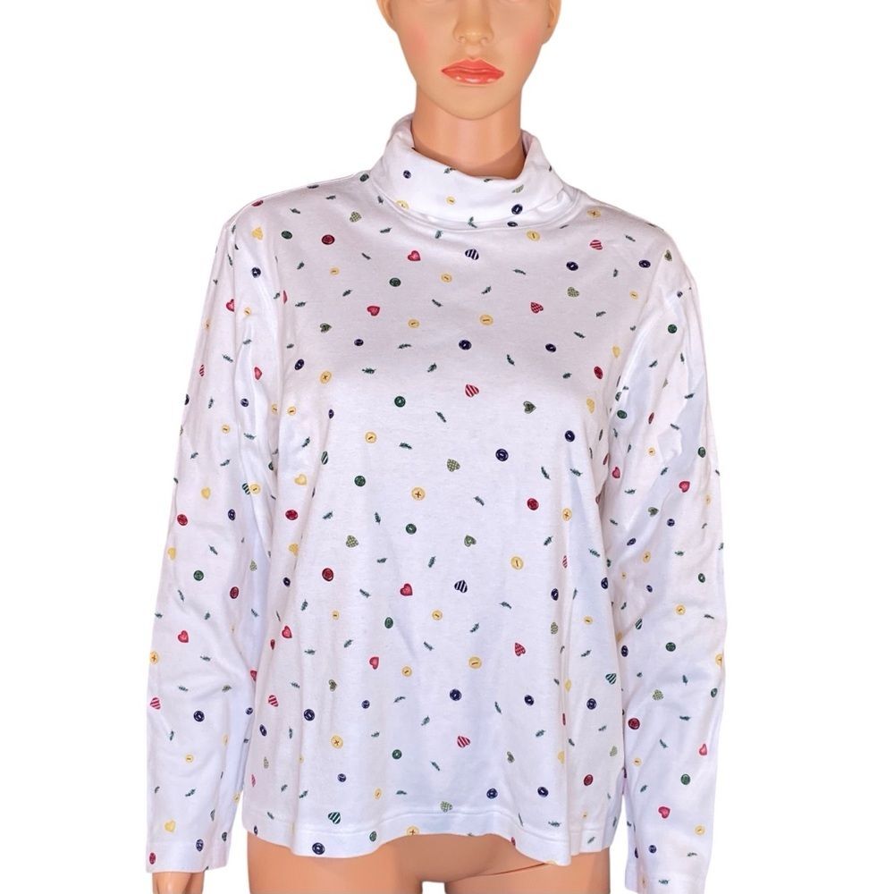 Talbots White Turtleneck Sweater Heart Confetti Pattern Warm Cozy Cotton SZ Lg